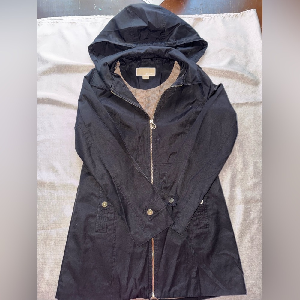 Michael Kors Black Utility Jacket Zip Trench removable hood.